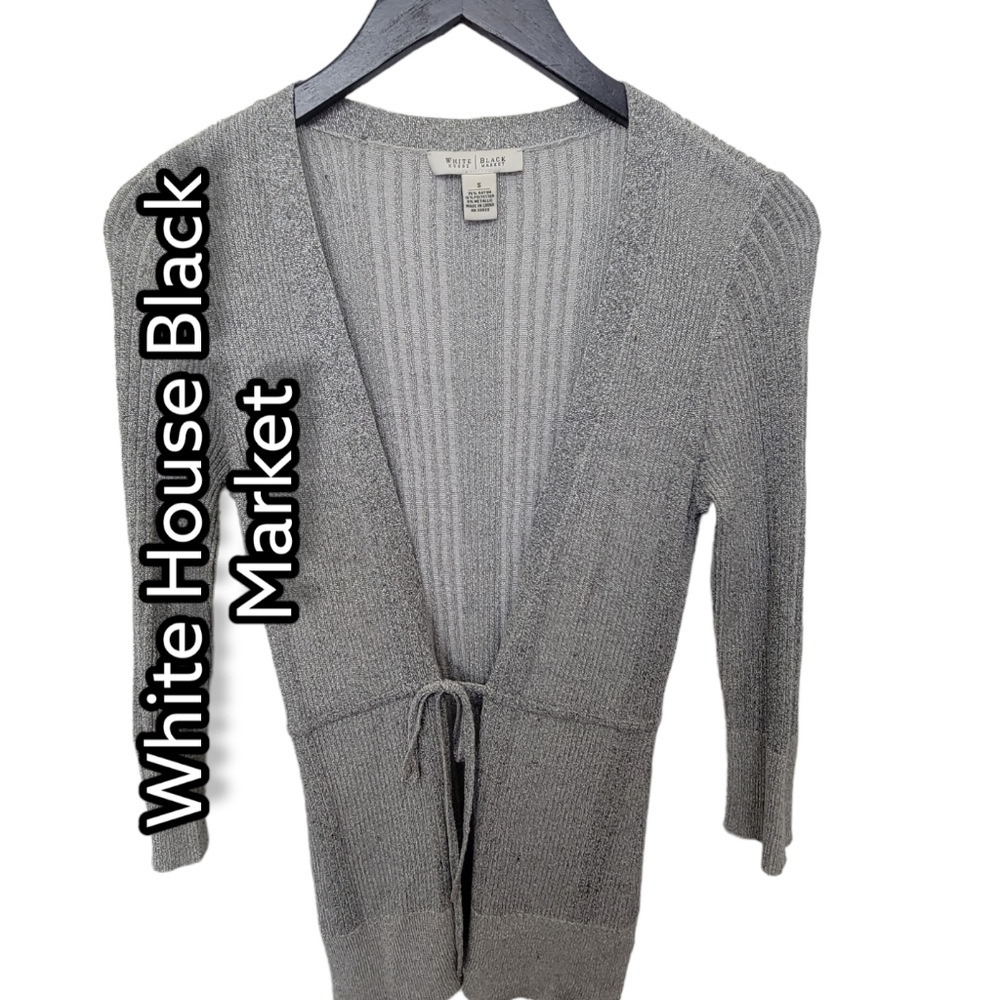 𝅺WHITE House Black Market Gray Silver Metallic Cardigan Sweater Size S